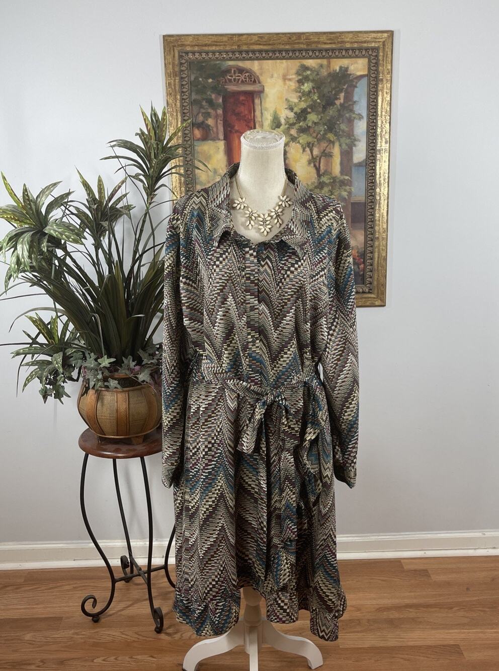 LACE & MESH 4X Shirt Dress Belted Abstract Chevron Midi Plus Size Long Sleeve